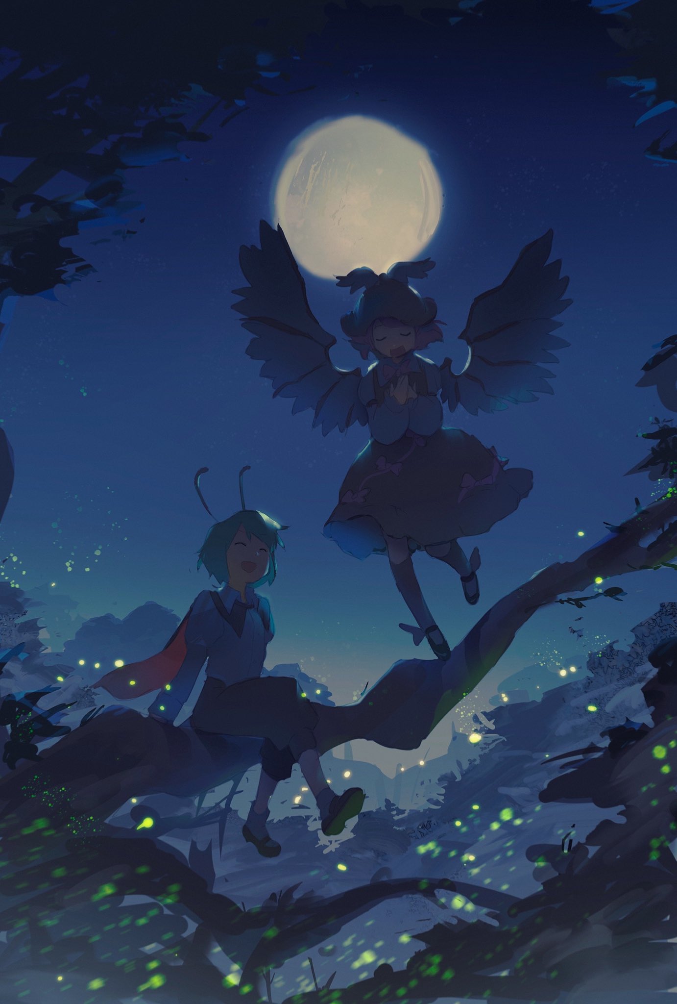2girls antennae bangs bird_wings branch cape closed_eyes english_commentary fireflies full_moon gradient_sky green_hair highres jeto_(jetopyon) moon multiple_girls mystia_lorelei night night_sky open_mouth outdoors pants shirt short_hair sitting_on_branch sky smile standing standing_on_one_leg thigh-highs touhou winged_footwear winged_hat wings wriggle_nightbug