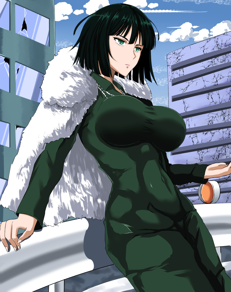 1girl abs arm_support bangs black_hair blunt_ends breasts building closed_mouth coat collared_dress covered_navel cracked_wall day dress expressionless eyebrows_hidden_by_hair fubuki_(one-punch_man) green_eyes impossible_clothes impossible_dress long_sleeves looking_to_the_side one-punch_man outdoors short_hair solo standing stomach takara_joney