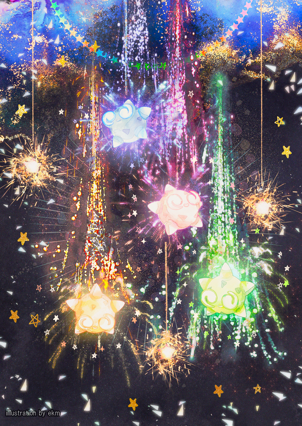 @_@ black_background blue_eyes closed_mouth colorful commentary_request ekm fireworks full_body glowing green_eyes happy highres looking_down looking_up minior minior_(blue_core) minior_(core) minior_(green_core) minior_(orange_core) minior_(yellow_core) no_humans orange_eyes pokemon pokemon_(creature) smile sparkler star_(symbol) yellow_eyes