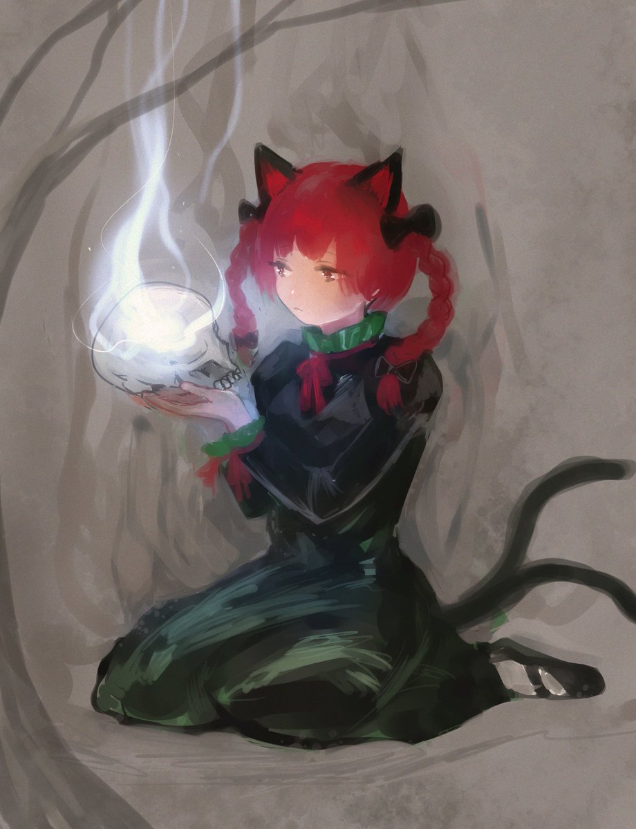 1girl animal_ears bow braid cat_ears cat_tail dress extra_ears green_dress hair_bow highres kaenbyou_rin long_sleeves multiple_tails nekomata red_eyes redhead sitting solo tail touhou twin_braids two_tails yahishi11