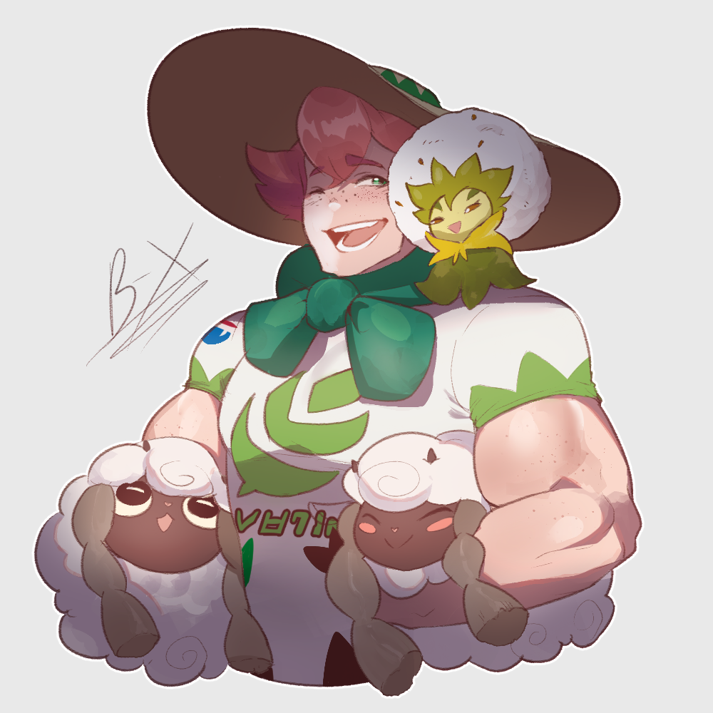 1boy :d bandana biceps blue_eyes body_freckles character_request freckles grey_background hat holding holding_pokemon male_focus milo_(pokemon) nyantcha one_eye_closed pokemon pokemon_(creature) pokemon_(game) pokemon_swsh redhead shirt short_sleeves signature simple_background smile white_shirt wooloo