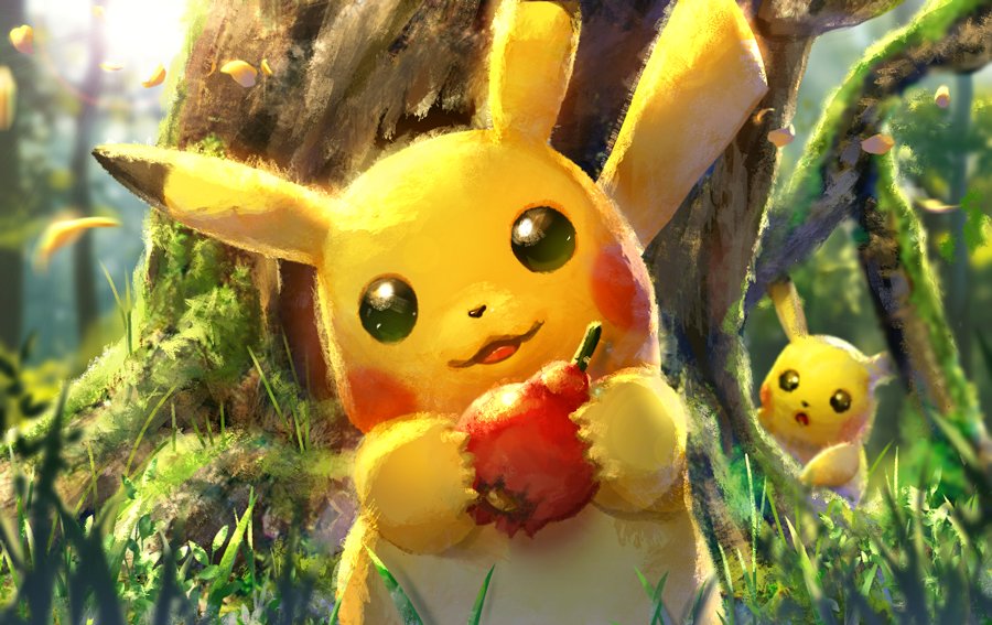 :3 animal_focus berry_(pokemon) black_eyes blurry blurry_background blush_stickers commentary day ekm food fruit grass happy head_tilt holding holding_food holding_fruit looking_at_another looking_at_viewer moss no_humans open_mouth outdoors petals pikachu pokemon pokemon_(creature) pomeg_berry smile solo_focus standing straight-on tree upper_body