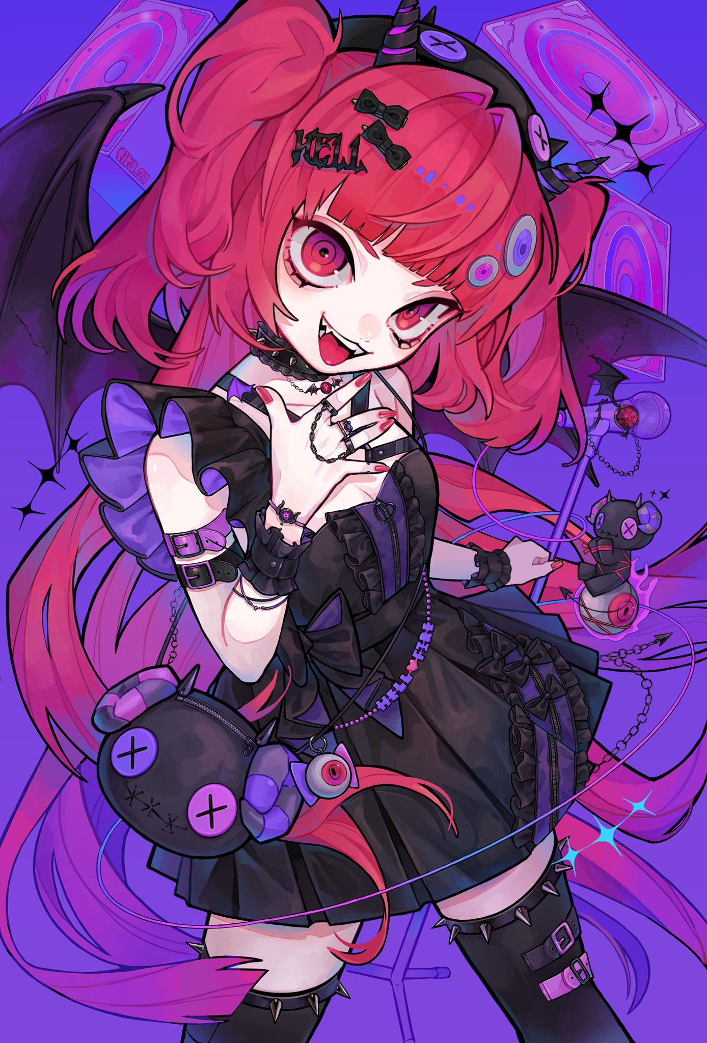1girl bangs bare_shoulders black_bag black_bow black_dress black_thighhighs bow center_frills chain choker collarbone demon_girl demon_horns demon_wings dress fake_horns frilled_dress frills hair_bow hand_up highres holding holding_microphone_stand horns long_hair microphone_stand nail_polish original pink_hair red_nails redhead solo spiked_choker spiked_thighlet spikes stuffed_toy thigh-highs tira_27 twintails wings wrist_cuffs