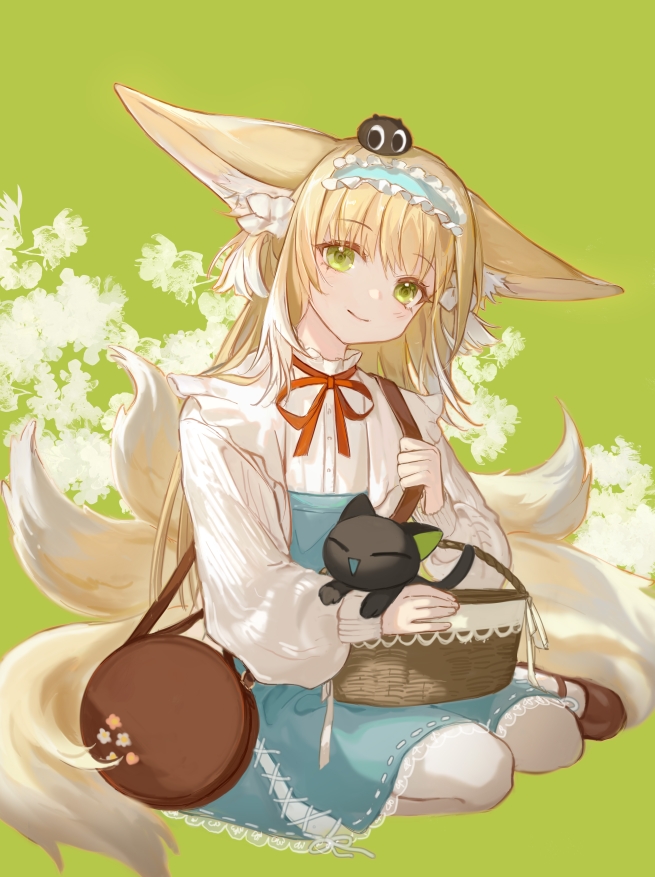 1girl animal_ears animal_on_head arknights basket black_cat blonde_hair blue_dress blue_hairband brown_footwear cardigan cat cat_on_head dress fox_ears fox_girl fox_tail frilled_hairband frills green_background green_eyes hair_down hairband heixiu kitsune large_ears long_hair looking_at_viewer luoxiaohei mlcc_3190969461 multicolored_hair multiple_tails neck_ribbon official_alternate_costume on_head open_cardigan open_clothes pantyhose red_ribbon ribbon simple_background sitting solo streaked_hair suzuran_(arknights) suzuran_(spring_praise)_(arknights) tail the_legend_of_luo_xiaohei wariza white_cardigan white_hair white_pantyhose