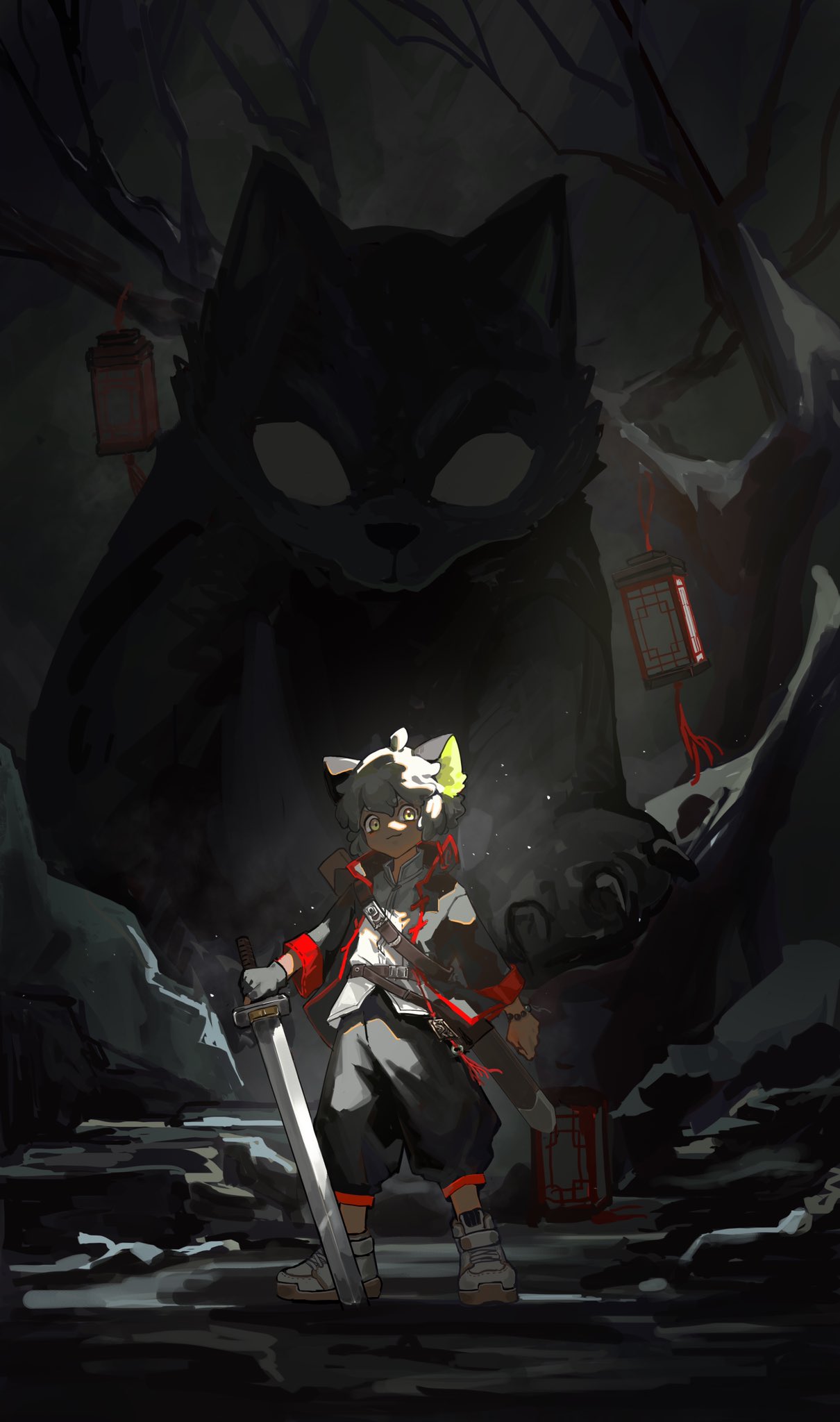1boy animal_ears arknights bangs black_gloves black_jacket black_pants cat_boy cat_ears chinese_clothes fingerless_gloves gloves green_eyes highres holding holding_sword holding_weapon jacket lantern looking_at_viewer luoxiaohei pants picqo223485 red_trim shirt shoes single_fingerless_glove solo sword the_legend_of_luo_xiaohei weapon white_footwear white_shirt wide_shot