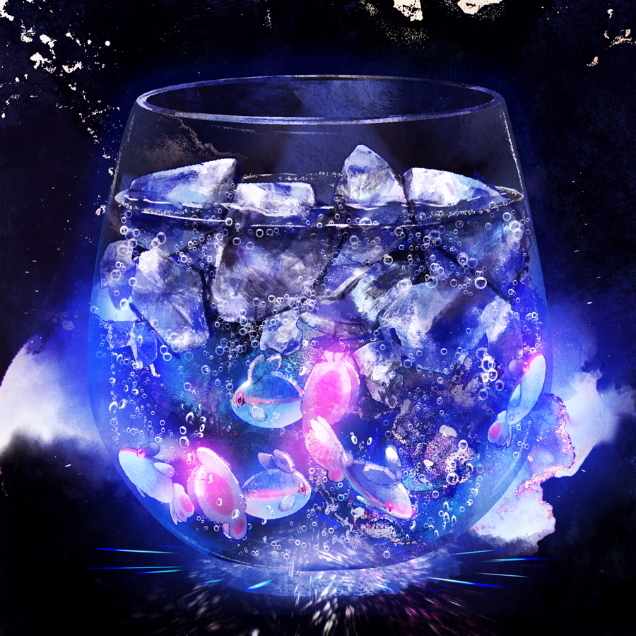 animal_focus black_background blue_theme bubble commentary cup drink drinking_glass ekm finneon fish from_behind full_body glowing ice no_humans pink_eyes pokemon pokemon_(creature) water