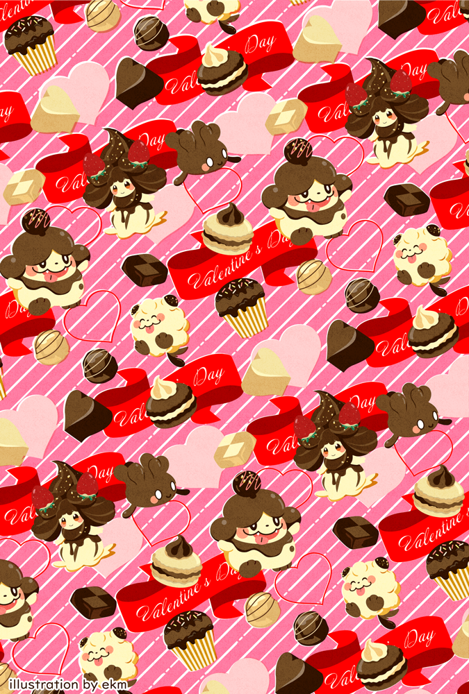:3 ^_^ alcremie alcremie_(other_cream) alcremie_(strawberry_sweet) alternate_color alternate_shiny_pokemon artist_name big_hair black_eyes blush blush_stickers bright_pupils brown_hair candy checkerboard_cookie chocolate closed_eyes closed_mouth commentary_request cookie cream cupcake ekm english_text fangs food food_on_head fruit full_body happy heart heart-shaped_chocolate long_hair macaron milcery object_on_head open_mouth orange_eyes partial_commentary pink_background pokemon pokemon_(creature) shiny_pokemon slurpuff smile sprinkles standing strawberry striped striped_background swirlix tongue tongue_out valentine watermark white_eyes white_pupils