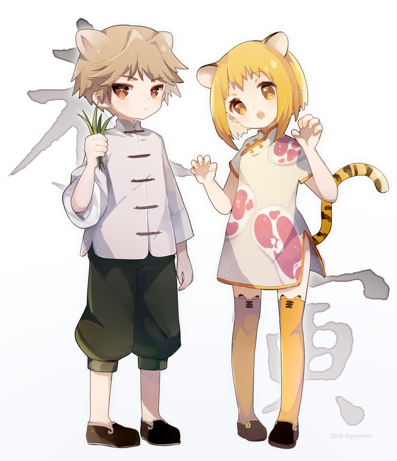 1boy 1girl animal_ears brown_eyes brown_hair captain_yue china_dress chinese_clothes dress female_child fruits_basket full_body looking_at_viewer male_child orange_eyes orange_hair sheep_boy sheep_ears short_hair souma_hiro souma_kisa tail thigh-highs tiger_ears tiger_girl tiger_tail white_background