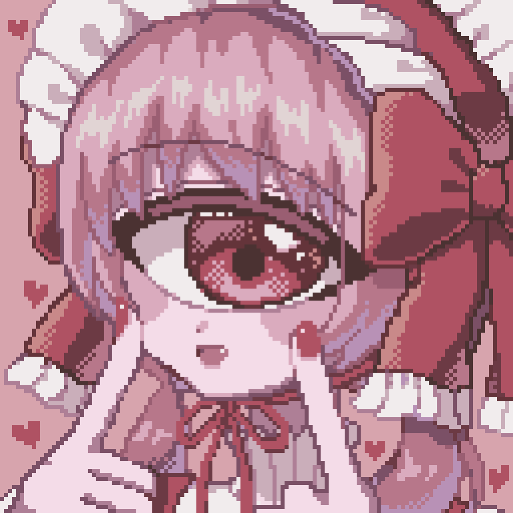 1girl azen_(mntimcczgrtn) collarbone cyclops index_fingers_raised limited_palette looking_at_viewer maid_headdress nail_polish one-eyed open_mouth original pink_background pink_hair pink_theme pixel_art portrait red_nails red_theme sidelocks simple_background smile solo upper_body