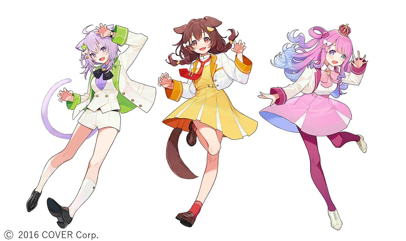 3girls :d animal_ears arm_up black_bow black_footwear blush bone_hair_ornament bow braid brown_eyes brown_footwear brown_hair cartoon_bone collared_shirt commentary_request crescent crescent_hair_ornament crown dog_ears dog_girl dog_tail dress dress_shirt food-themed_hair_ornament gradient_hair grape_hair_ornament green_eyes hair_bow hair_ornament hair_rings heterochromia himemori_luna hololive inugami_korone jacket loafers long_hair low_twintails mini_crown multicolored_hair multiple_girls necktie nekomata_okayu official_art open_clothes open_jacket pantyhose pink_hair pink_skirt purple_hair purple_pantyhose purple_shirt red_necktie red_socks ribbed_legwear ribbed_socks shirt shoe_soles shoes short_shorts shorts simple_background skirt smile socks strawberry_hair_ornament tail twin_braids twintails very_long_hair vest violet_eyes virtual_youtuber white_background white_bow white_footwear white_jacket white_shirt white_shorts white_socks white_vest wrist_cuffs yellow_dress yuu_(higashi_no_penguin)