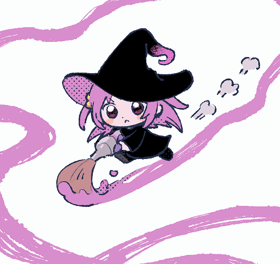 bangs black_dress black_headwear boyano chibi dress hat magia_record:_mahou_shoujo_madoka_magica_gaiden magical_girl mahou_shoujo_madoka_magica medium_hair misono_karin paint paintbrush parted_bangs parted_hair purple_hair two_side_up violet_eyes witch_hat