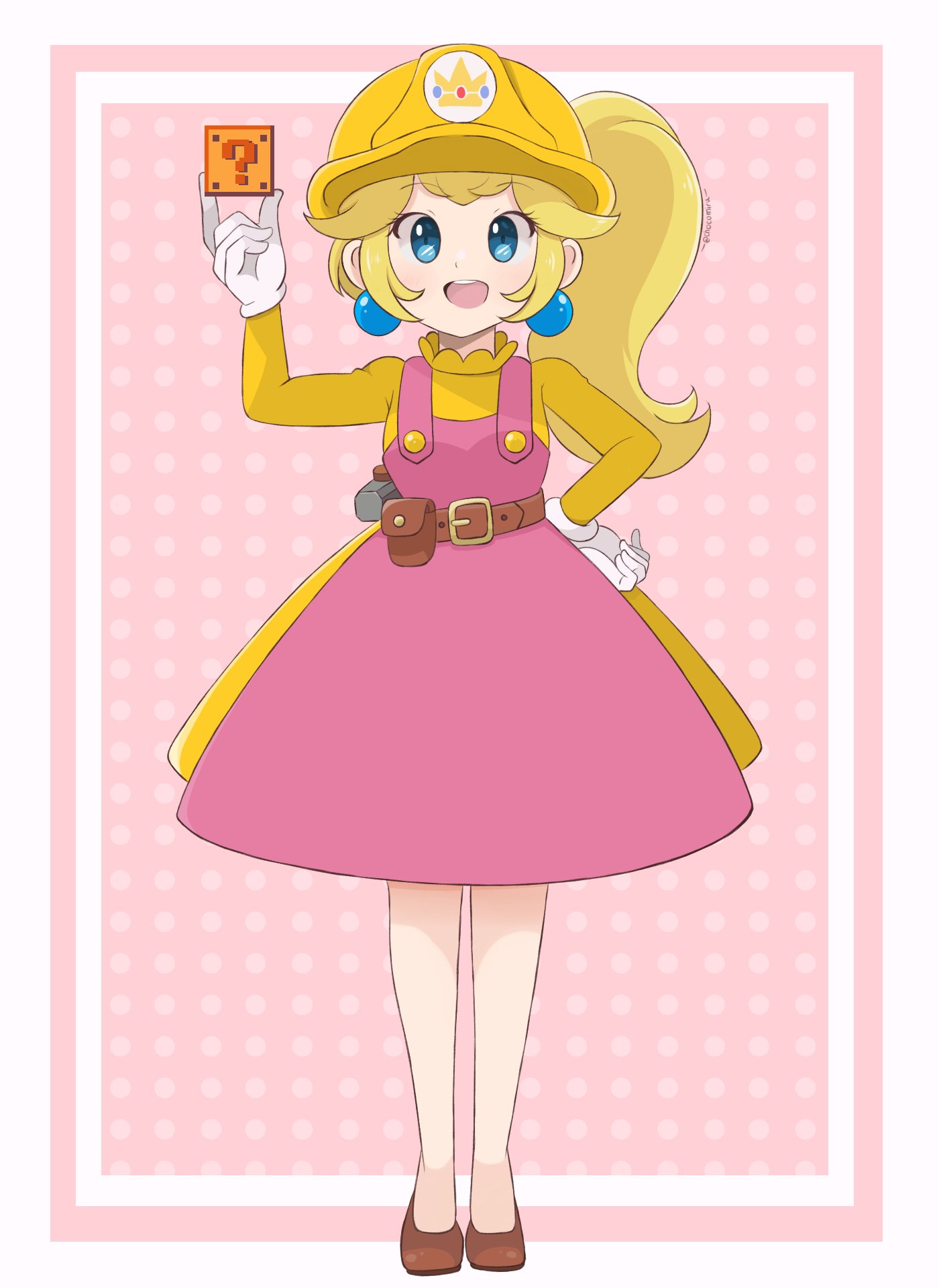 1girl bangs blonde_hair blush chocomiru commentary dress earrings full_body hair_between_eyes helmet highres item_box_(mario) jewelry looking_at_viewer polka_dot polka_dot_background princess_peach smile solo super_mario_maker super_mario_maker_2