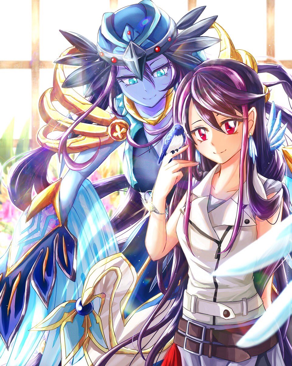 2girls armor bangs bare_shoulders beads belt blue_feathers blush bracelet breasts colored_skin duel_monster earrings feathers feet_out_of_frame grey_eyes grey_skin hair_beads hair_ornament harpy hat highres kototourara kurosaki_ruri large_breasts long_hair lyrilusc_-_ensemblue_robin medium_breasts midriff monster_girl multicolored_hair open_mouth pink_hair purple_hair shoulder_armor sideboob simple_background skirt smile upper_body very_long_hair white_background winged_arms yu-gi-oh! yu-gi-oh!_arc-v yuu-gi-ou yuu-gi-ou_arc-v