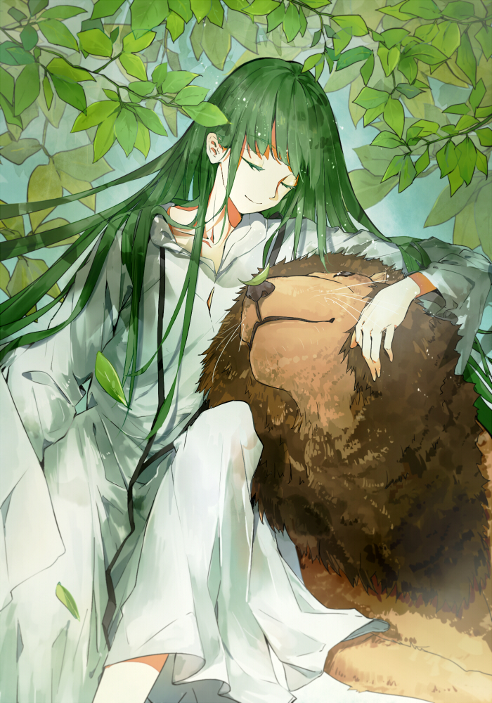 1other ^v^ ambiguous_gender androgynous animal bangs closed_mouth colored_eyelashes commentary_request enkidu_(fate) falling_leaves fate/extra fate/extra_ccc fate/grand_order fate/strange_fake fate/zero fate_(series) feet_out_of_frame green_hair leaf lion long_hair long_sleeves robe sitting smile solo sukybaba tree very_long_hair white_robe