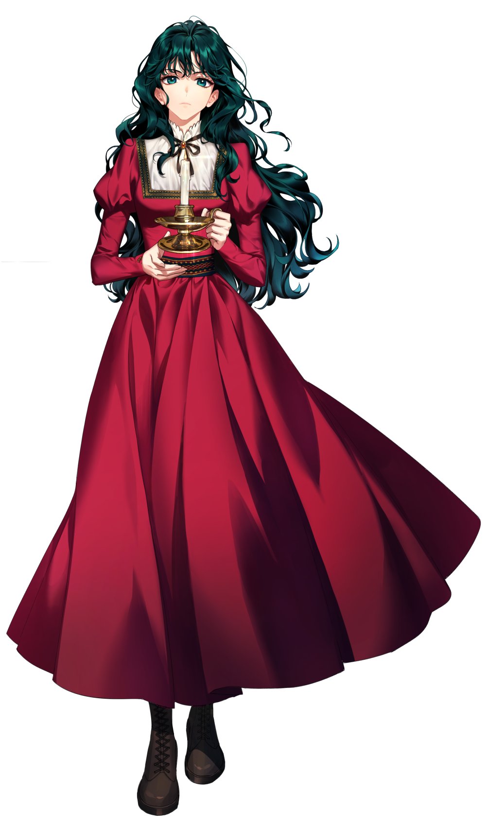 1girl candle candle_wax dress eggpongg expressionless full_body green_eyes green_hair highres holding holding_candle jewelry korean_commentary long_hair long_sleeves looking_at_viewer original red_dress solo white_background