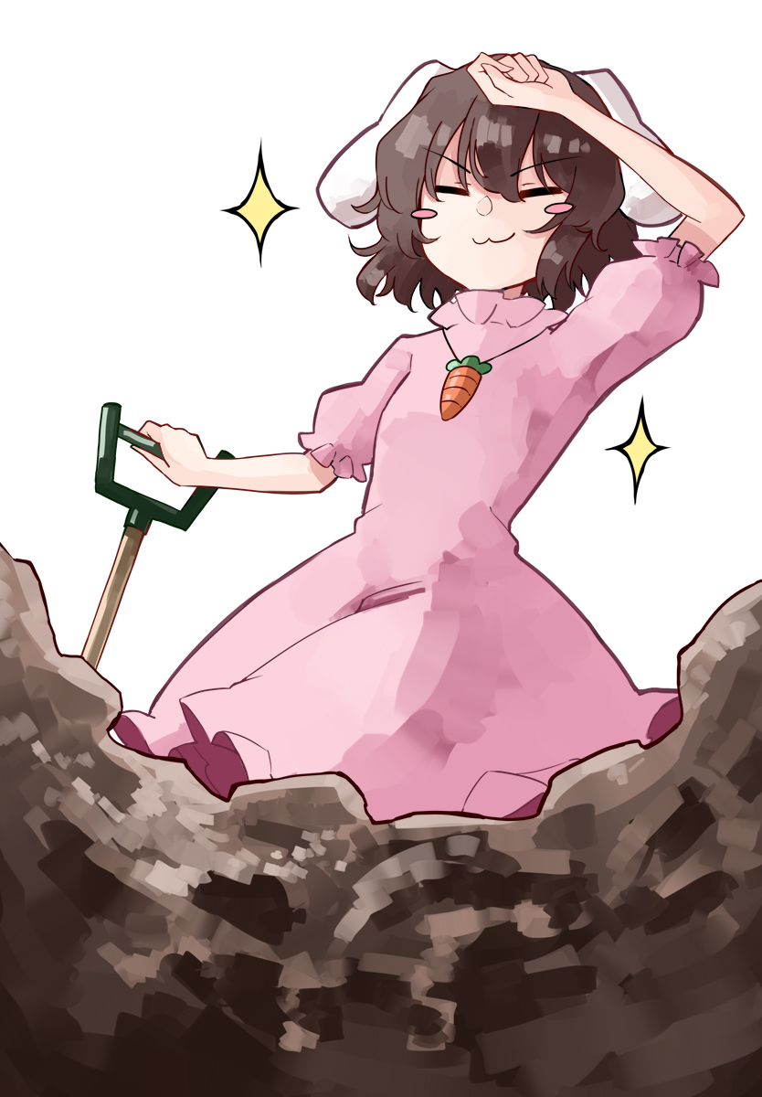 1girl animal_ears brown_hair carrot carrot_necklace deetamu digging dress floppy_ears highres hole inaba_tewi jewelry necklace pendant pink_dress rabbit_ears rabbit_girl short_hair shovel simple_background solo sparkle touhou wavy_hair white_background