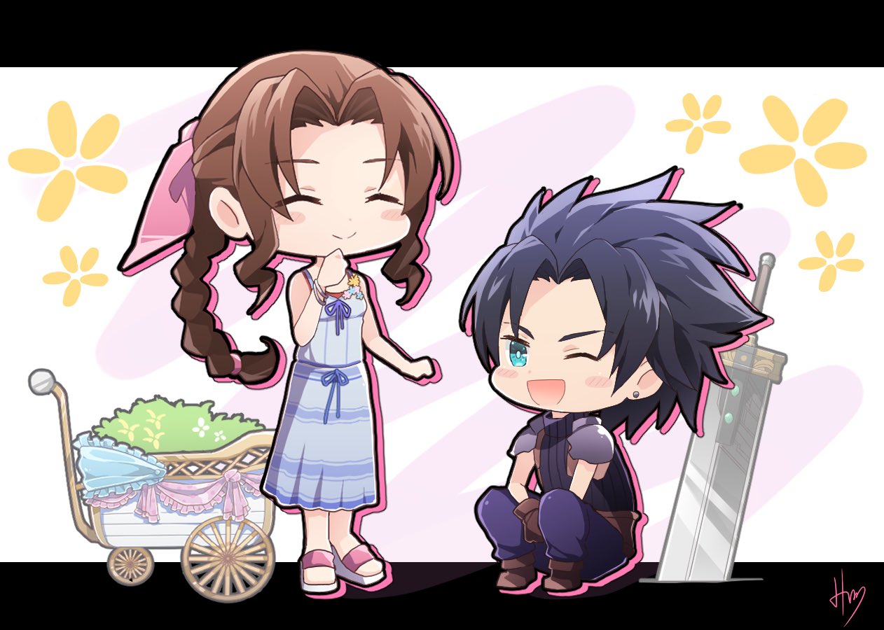 1boy 1girl aerith_gainsborough armor bare_shoulders black_hair blue_eyes blush boots braid braided_ponytail brown_hair buster_sword couple crisis_core_final_fantasy_vii dress earrings final_fantasy final_fantasy_vii flower full_body hair_ribbon hato_(hato1616) jewelry long_hair looking_at_another open_mouth pink_ribbon planted ribbon shoulder_armor sleeveless sleeveless_dress spiky_hair sweater turtleneck turtleneck_sweater wagon white_dress yellow_flower zack_fair