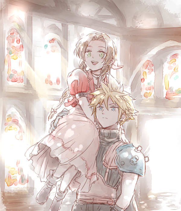 1boy 1girl aerith_gainsborough armor bangs belt blonde_hair blue_eyes boots braid braided_ponytail brown_hair carrying_over_shoulder choker church cloud_strife cropped_jacket dress final_fantasy final_fantasy_vii final_fantasy_vii_remake flower_choker full_body gamesuzume gloves green_eyes hair_between_eyes hair_ribbon indoors jacket long_dress long_hair looking_ahead multiple_belts open_mouth parted_bangs pink_dress pink_ribbon puffy_short_sleeves puffy_sleeves red_jacket ribbon short_hair short_sleeves shoulder_armor sidelocks sleeveless sleeveless_turtleneck smile spiky_hair stained_glass sunlight suspenders teeth turtleneck upper_body upper_teeth