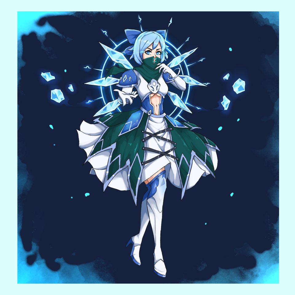 adventurequest_worlds black_background blue_bow blue_eyes blue_hair boots bow cirno dress gloves hand_on_own_chin hand_on_own_face hanmayuchi high_heel_boots high_heels ice ice_wings mask mouth_mask navel scarf solo thigh-highs thighs white_footwear white_gloves wings