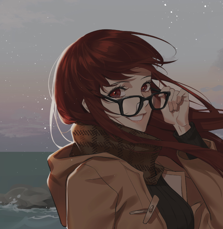 1girl alternate_costume black-framed_eyewear black_sweater brown_jacket bs_hwagong dress floating_hair glasses holding holding_eyewear hood hood_down hooded_jacket jacket lips long_hair long_sleeves looking_at_viewer ocean open_clothes open_shirt outdoors persona persona_5 persona_5_the_royal pink_lips red_eyes redhead ribbed_dress scarf sky smile solo sweater teeth upper_body water winter_clothes yoshizawa_sumire