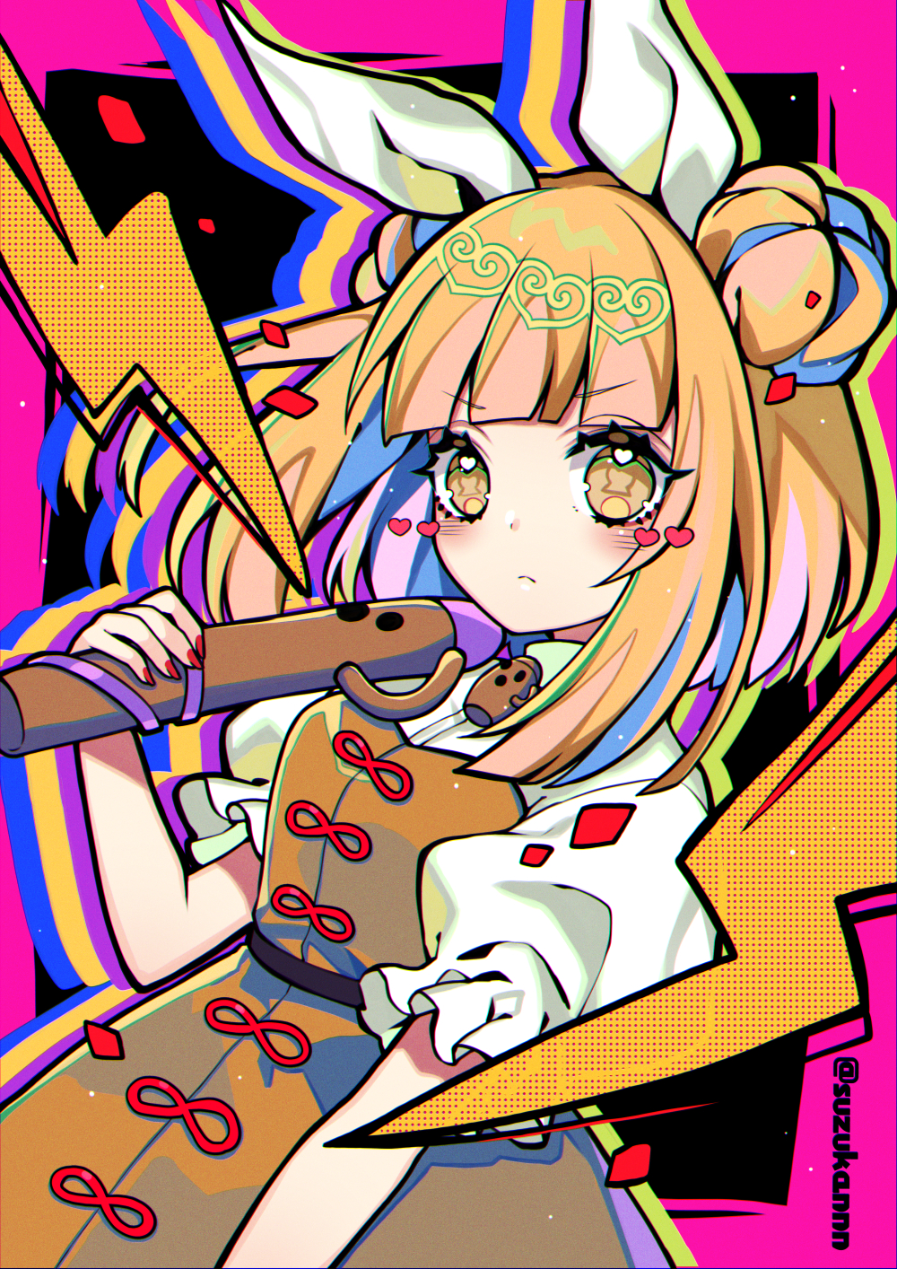 1girl bangs belt black_background blonde_hair blue_background blush bow breasts brown_belt brown_dress closed_mouth double_bun dress dress_bow eyelashes fingernails green_background hair_bun hair_ribbon hand_up haniwa_(statue) heart highres joutouguu_mayumi kyouda_suzuka lightning_bolt_symbol long_fingernails looking_at_viewer medium_breasts multicolored_background nail_polish orange_background pink_background polearm puffy_short_sleeves puffy_sleeves purple_background red_bow red_nails ribbon shadow shirt short_hair short_sleeves signature solo spear standing touhou weapon white_ribbon white_shirt wrapper yellow_eyes