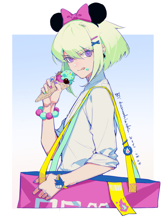 1boy alternate_costume bag bangs bead_bracelet beads bow bracelet closed_mouth double_scoop eating flame_print food food_on_face galo_thymos green_hair holding holding_food holding_ice_cream ice_cream jewelry kawashizuku lio_fotia looking_at_viewer male_focus minnie_mouse_ears multicolored_nails nail_polish promare short_hair shoulder_bag sidelocks solo tongue tongue_out violet_eyes