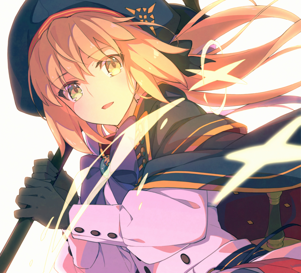 artoria_caster_(fate) artoria_caster_(second_ascension)_(fate) artoria_pendragon_(fate) belt beret black_bow black_gloves blue_belt blue_cloak blue_headwear bow cloak collar collared_shirt fate/grand_order fate_(series) gem gloves gold_trim green_eyes green_gemstone hair_between_eyes hair_bow hat holding long_hair long_sleeves multicolored_cloak open_mouth ornament purple_bow saipaco shiny shirt skirt sword twintails weapon white_shirt white_skirt