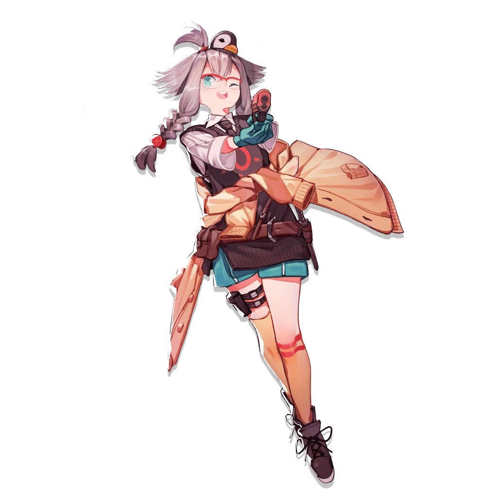 1girl aiming animal_hat arknights artist_request bangs black_vest braid clothes_around_waist commentary_request eyebrows_hidden_by_hair full_body gloves green_eyes green_gloves green_shorts gun hair_ornament hand_on_hip hand_up hat holding holding_gun holding_weapon jacket jacket_around_waist long_hair looking_at_viewer may_(arknights) necktie non-web_source official_art one_eye_closed penguin_hat pink_hair red-framed_eyewear semi-rimless_eyewear shirt shorts smile solo source_request tool_belt twin_braids vest weapon white_background white_shirt yellow_jacket