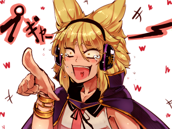 +++ 1girl bracelet cape constricted_pupils earmuffs foreshortening heart jewelry laughing open_mouth pointing pointy_hair sekiyu_(spartan) short_hair simple_background solo touhou toyosatomimi_no_miko white_background yellow_eyes