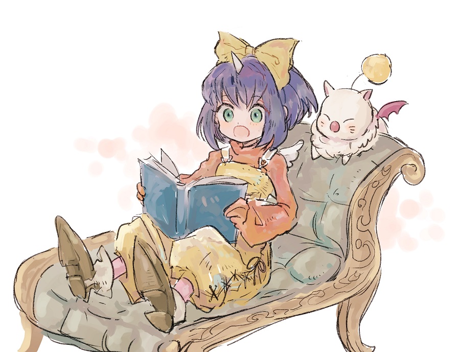 1girl bob_cut book boots bow brown_footwear chaise_longue eiko_carol final_fantasy final_fantasy_ix flat_chest full_body gloves green_eyes hair_bow holding holding_book horns long_sleeves mini_wings moogle nocoyaki open_mouth pink_shirt purple_hair reading shirt single_horn sitting turtleneck white_background wide-eyed wings yellow_bow yellow_overalls