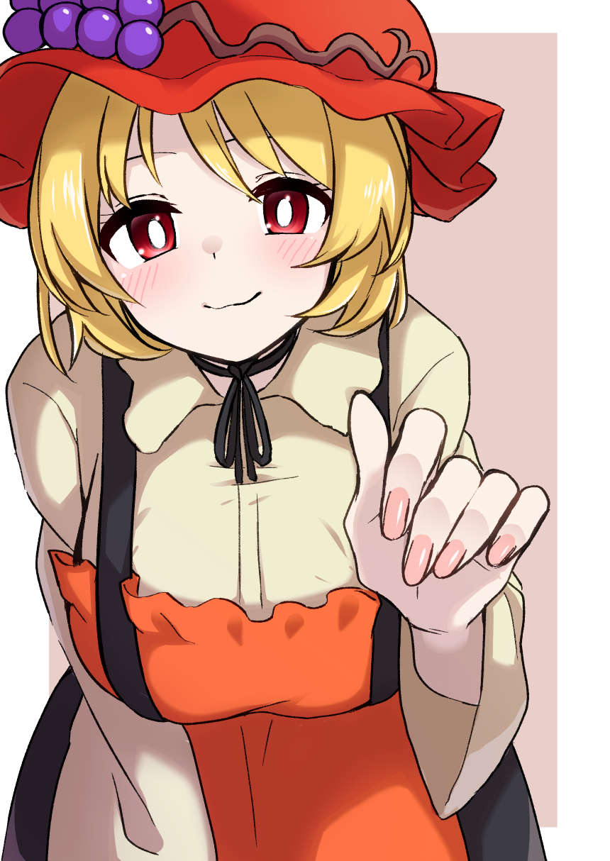1girl aki_minoriko apron bangs blonde_hair breasts bright_pupils brown_background closed_mouth cowboy_shot food fruit grapes highres kameyan large_breasts leaning_forward looking_at_viewer red_apron red_eyes red_headwear short_hair smile solo standing touhou white_pupils