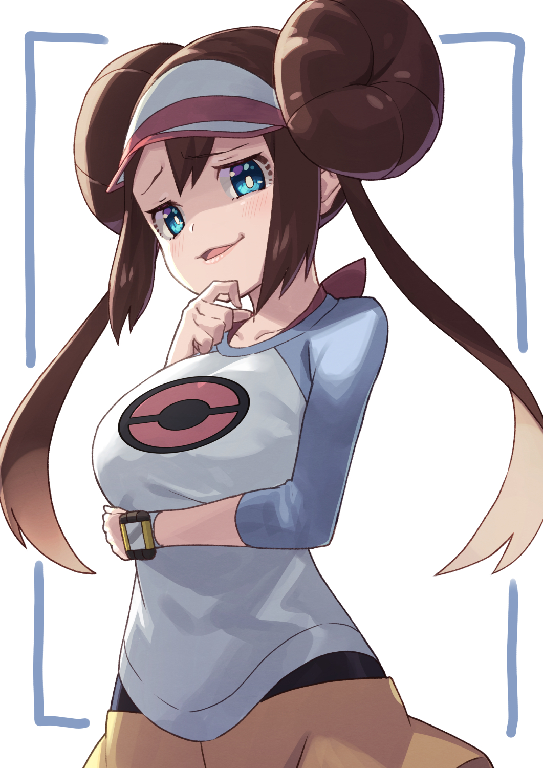 1girl black_pantyhose blue_eyes blush bow double_bun doughnut_hair_bun hair_bun hand_on_own_chin highres legwear_under_shorts long_hair looking_at_viewer pantyhose pantyhose_under_shorts pink_bow pokemon pokemon_(game) pokemon_bw2 pokemon_masters_ex raglan_sleeves rosa_(pokemon) short_shorts shorts solo stroking_own_chin tokumaro twintails very_long_hair visor_cap yellow_shorts