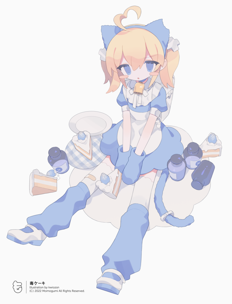 1girl ahoge animal_ears apron backpack bag bandaid bandaid_on_clothes bandaid_on_leg bangs bell between_legs blue_dress blue_eyes blue_hairband blue_mittens blue_socks blush_stickers bottle cake cake_slice cat_ears cat_tail commentary daizu_(melon-lemon) dress extra_ears fake_animal_ears food full_body hair_between_eyes hair_ornament hairband hand_between_legs heart heart_ahoge kneehighs looking_at_viewer loose_socks mittens neck_bell neck_ribbon no_nose orange_hair original parted_lips plate puffy_short_sleeves puffy_sleeves randoseru ribbon shoes short_sleeves sidelocks simple_background sitting socks socks_over_thighhighs solo tail tail_ornament tail_ribbon thigh-highs translated twintails v_arms white_apron white_background white_bag white_footwear white_ribbon white_thighhighs x_hair_ornament