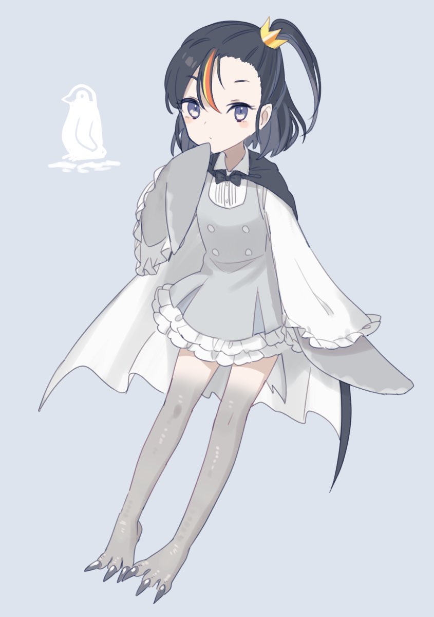 1girl :/ animal_feet bird bird_legs bird_tail bird_wings black_cape black_hair blonde_hair blue_background blue_eyes cape closed_mouth collared_shirt colored_skin crown dress emperor_penguin full_body grey_dress grey_skin hair_between_eyes hand_up harpy highres konirodori long_sleeves looking_at_viewer mini_crown monster_girl multicolored_skin one_side_up orange_hair original penguin penguin_girl penguin_tail personification shirt short_hair side_ponytail simple_background solo standing tail talons two-sided_cape two-sided_fabric two-tone_skin white_cape winged_arms wings