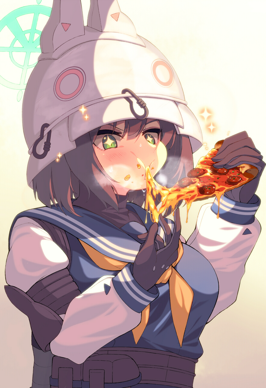 1girl blue_archive blush breasts brown_gloves brown_hair commentary_request eating food gloves gradient gradient_background green_eyes halo helmet highres holding holding_food holding_pizza large_breasts long_sleeves mizuyoukan_(mikususannda) neckerchief pizza pizza_slice saki_(blue_archive) short_hair solo sparkling_eyes upper_body white_hair yellow_neckerchief