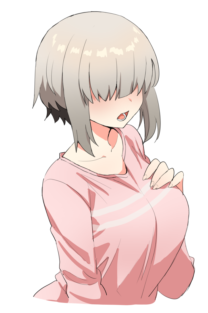 1girl bad_id bad_pixiv_id breasts collarbone commentary cropped_torso english_commentary grey_hair hair_over_eyes hand_on_own_chest jorin large_breasts light_blush long_bangs long_sleeves no_eyes open_mouth pink_shirt shirt short_hair short_hair_with_long_locks sidelocks simple_background solo upper_body uzaki-chan_wa_asobitai! uzaki_yanagi white_background