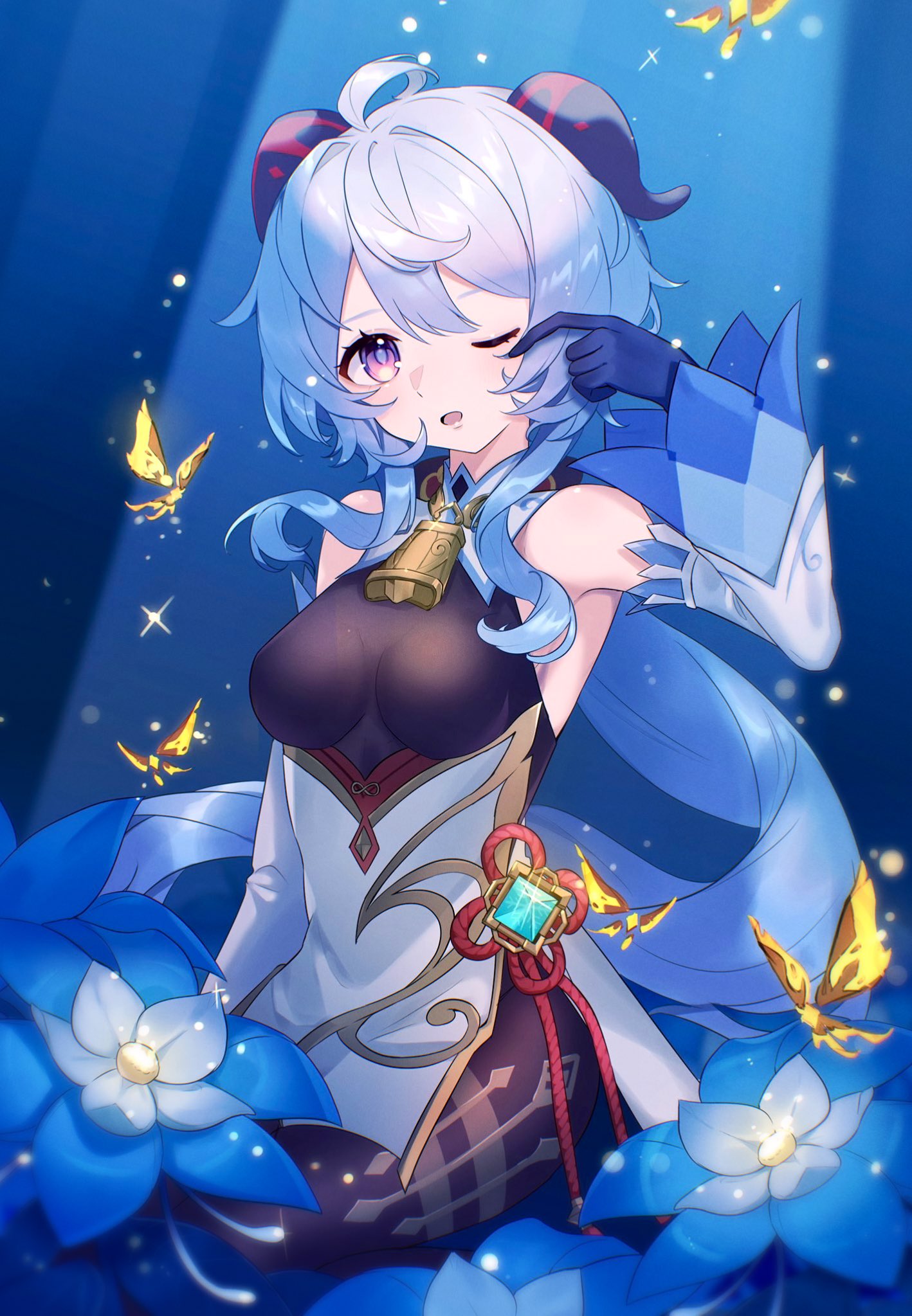 1cm137w 1girl ahoge bangs bare_shoulders bell black_gloves black_pantyhose blue_flower blue_hair breasts bug butterfly chinese_knot detached_sleeves flower flower_knot ganyu_(genshin_impact) genshin_impact glaze_lily gloves gold_trim highres horns long_hair looking_at_viewer low_ponytail medium_breasts neck_bell night one_eye_closed open_mouth oyasumign8 pantyhose rubbing_eyes seiza sidelocks sitting solo thighlet violet_eyes vision_(genshin_impact) white_sleeves