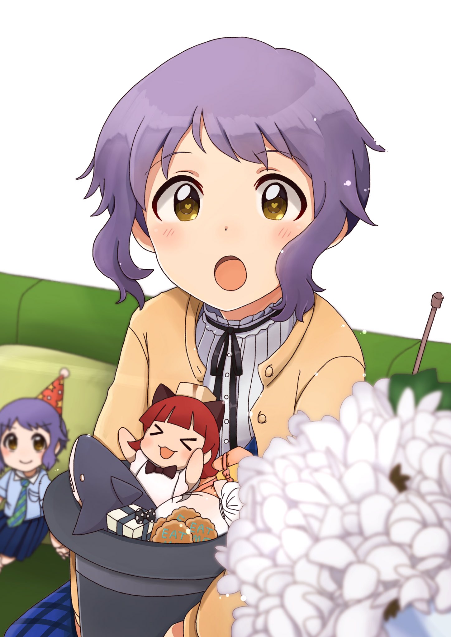 &gt;_&lt; 1girl :o bangs black_headwear black_ribbon blue_shirt blue_skirt blurry blurry_background blurry_foreground blush bouquet brown_cardigan buttons cardigan checkered_clothes checkered_skirt commentary cookie couch dot_nose flower food galley gift hat heart heart-shaped_pupils highres holding holding_clothes holding_hat idolmaster idolmaster_million_live! little_mizuki long_sleeves looking_at_viewer makabe_mizuki megaheart necktie nonohara_akane open_cardigan open_clothes open_mouth party_hat pleated_skirt purple_hair ribbon shirt short_hair short_sleeves sidelocks sitting skirt smile stuffed_animal stuffed_shark stuffed_toy symbol-shaped_pupils v-shaped_eyebrows wavy_hair white_flower white_shirt yellow_eyes