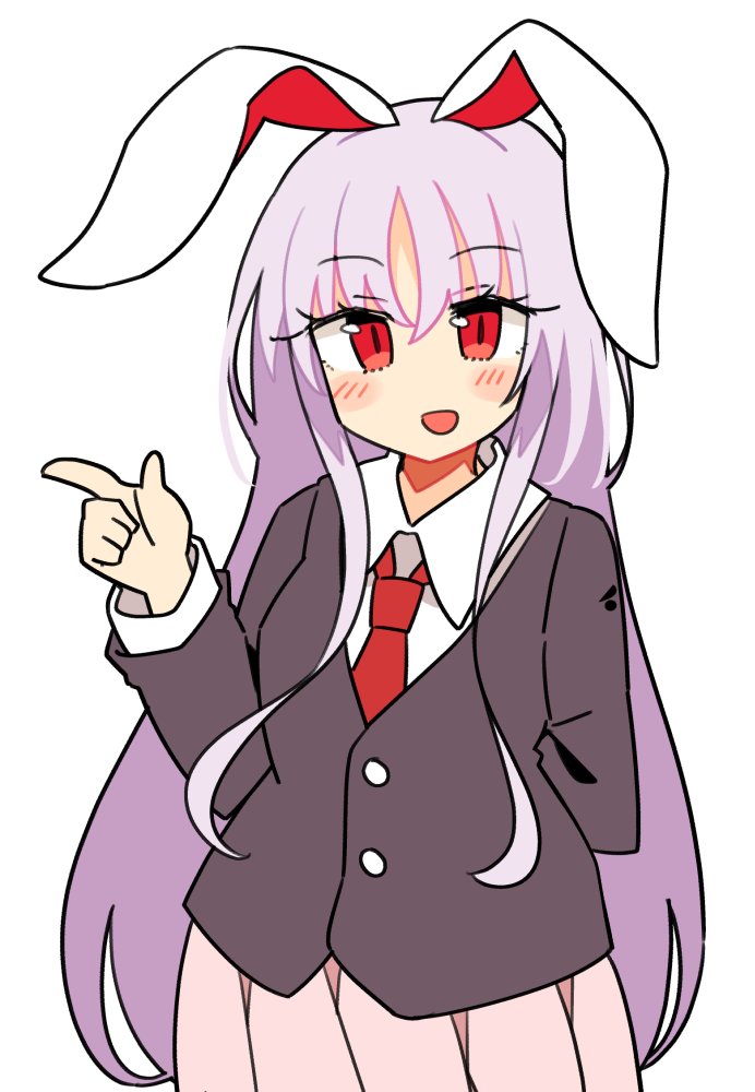 1girl animal_ears black_jacket blazer blush buttons collared_shirt hair_between_eyes ini_(inunabe00) jacket light_purple_hair long_hair long_sleeves necktie open_mouth pink_skirt pleated_skirt rabbit_ears red_eyes red_necktie reisen_udongein_inaba shirt simple_background skirt smile solo touhou upper_body white_background white_shirt