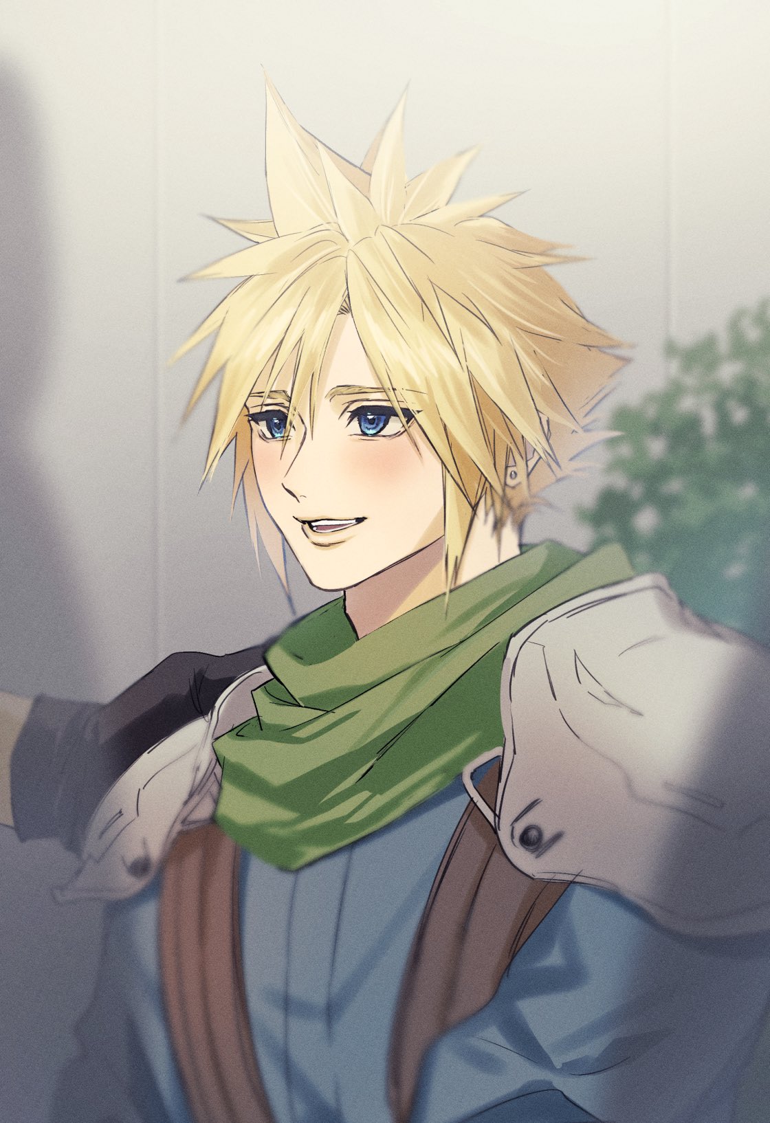1boy ah_yoshimizu armor black_gloves blonde_hair blue_eyes blue_shirt blush cloud_strife crisis_core_final_fantasy_vii earrings final_fantasy final_fantasy_vii gloves green_scarf hair_between_eyes hand_on_another's_shoulder highres jewelry long_sleeves looking_at_another male_focus open_mouth out_of_frame plant scarf shirt short_hair shoulder_armor single_earring smile spiky_hair suspenders teeth upper_body upper_teeth