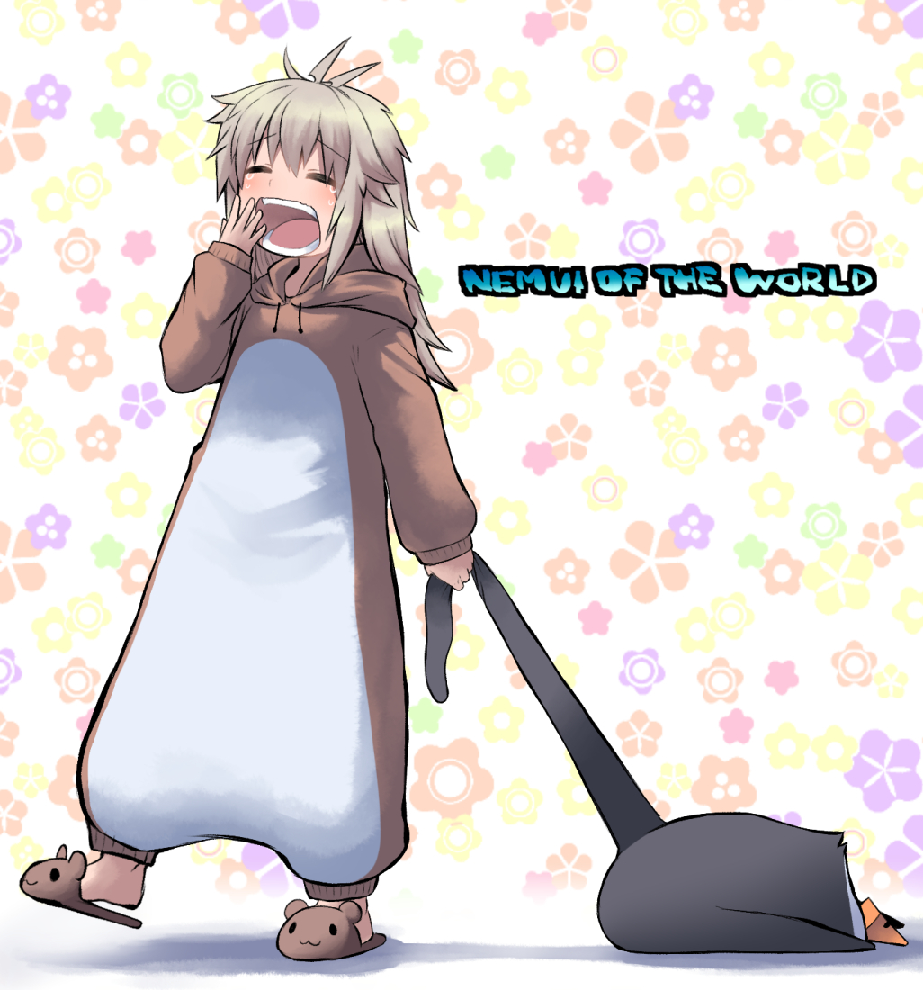 1girl animal animal_slippers antenna_hair bear_slippers bird brown_footwear brown_hair commentary_request floral_background hand_up hijikata-san_(m.m) hood hood_down koshirae_tsurugi long_hair m.m onesie open_mouth original penguin romaji_commentary romaji_text shadow slippers standing standing_on_one_leg translation_request wavy_mouth white_background yawning