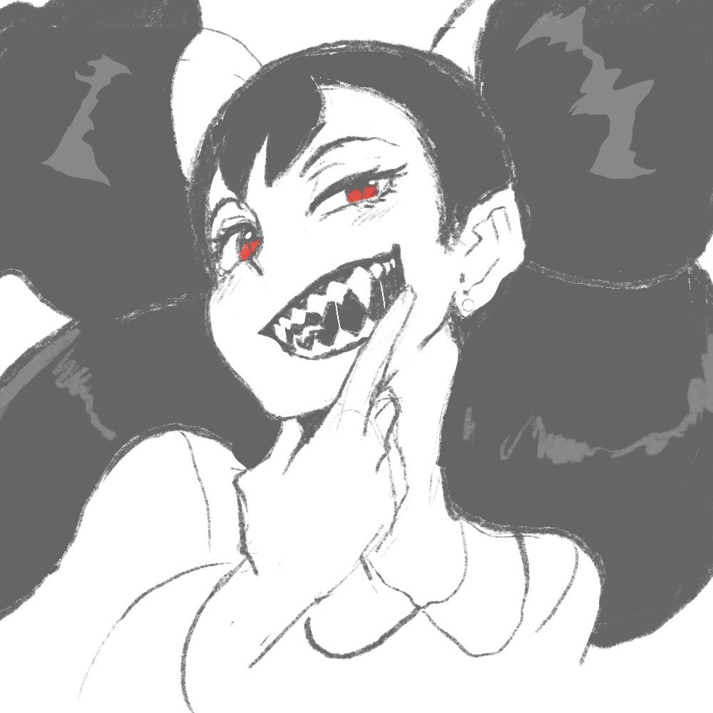 1girl big_hair blush earrings fangs hand_up iris_(pokemon) jewelry looking_at_viewer making-of_available nyantcha open_mouth pokemon pokemon_(game) pokemon_bw red_eyes saliva sharp_teeth shirt slit_pupils smile solo spot_color stud_earrings teeth twintails upper_body