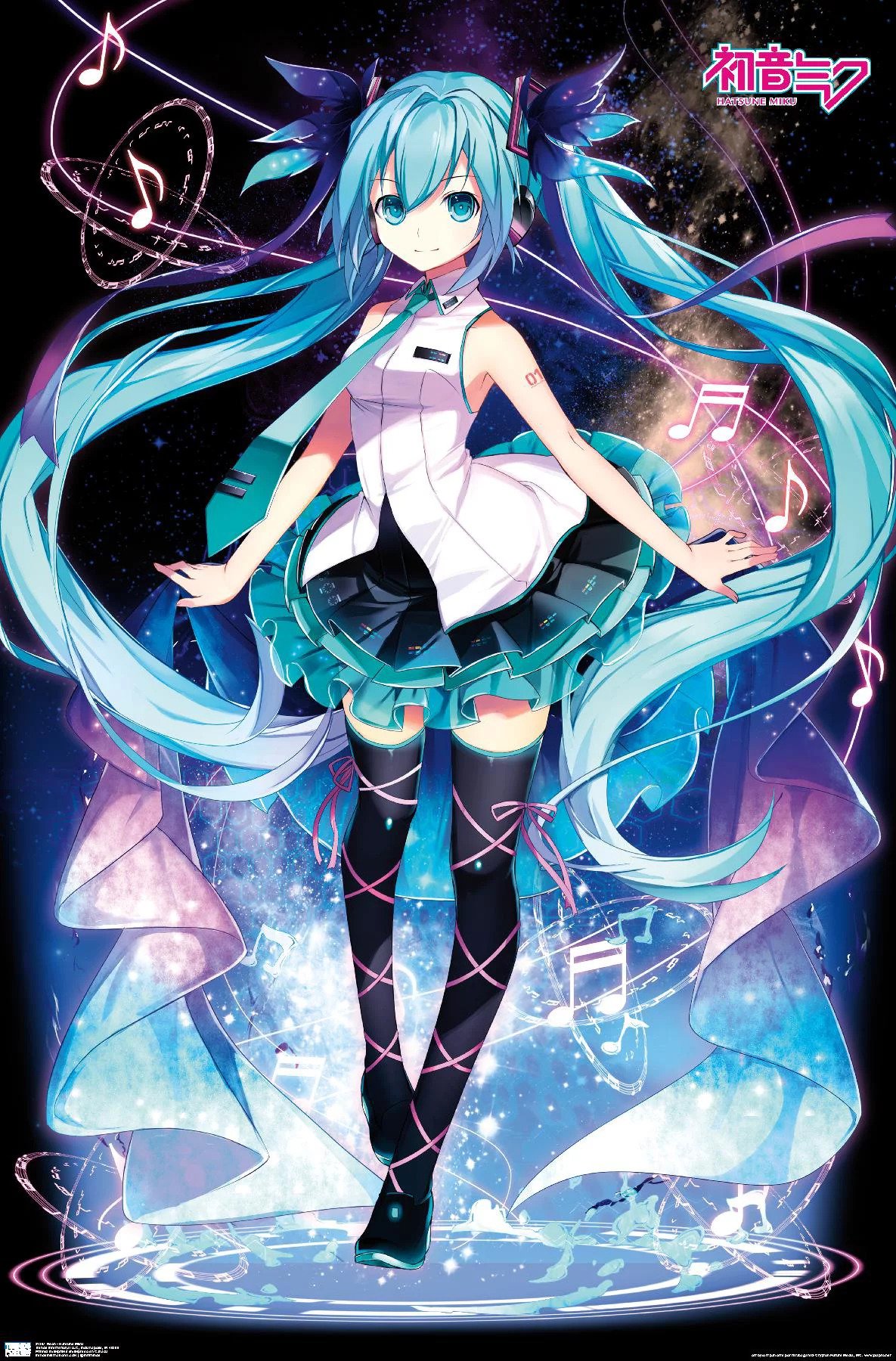 1girl aqua_eyes aqua_hair aqua_nails aqua_necktie artist_request bangs bare_shoulders belt black_footwear black_skirt black_thighhighs boots breasts character_name closed_mouth collared_shirt contrapposto frilled_shirt_collar frills full_body grey_shirt hair_between_eyes hair_ornament hatsune_miku headphones headset highres long_hair looking_at_viewer miniskirt nail_polish necktie non-web_source number_tattoo pigeon-toed pink_ribbon pleated_skirt ribbon shirt shoulder_tattoo simple_background skirt sleeveless sleeveless_shirt small_breasts smile solo source_request standing tattoo thigh-highs thigh_boots twintails very_long_hair vocaloid vocaloid_boxart_pose white_background zettai_ryouiki