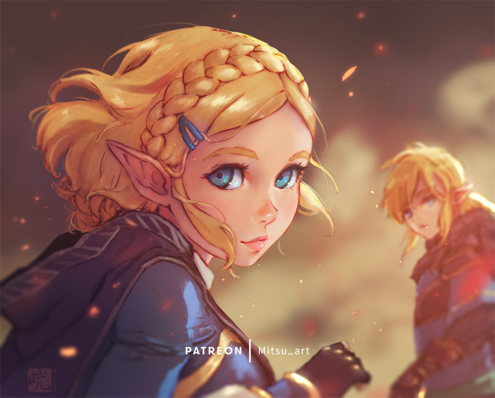 1boy 1girl artist_name bangs blue_eyes blue_shirt blurry blurry_background braid breasts embers fingerless_gloves gloves hair_ornament hairclip hood hood_down link looking_at_viewer looking_back low_ponytail medium_breasts medium_hair mitsu_(mitsu_art) patreon_username pointy_ears princess_zelda shirt short_hair sidelocks the_legend_of_zelda the_legend_of_zelda:_breath_of_the_wild upper_body