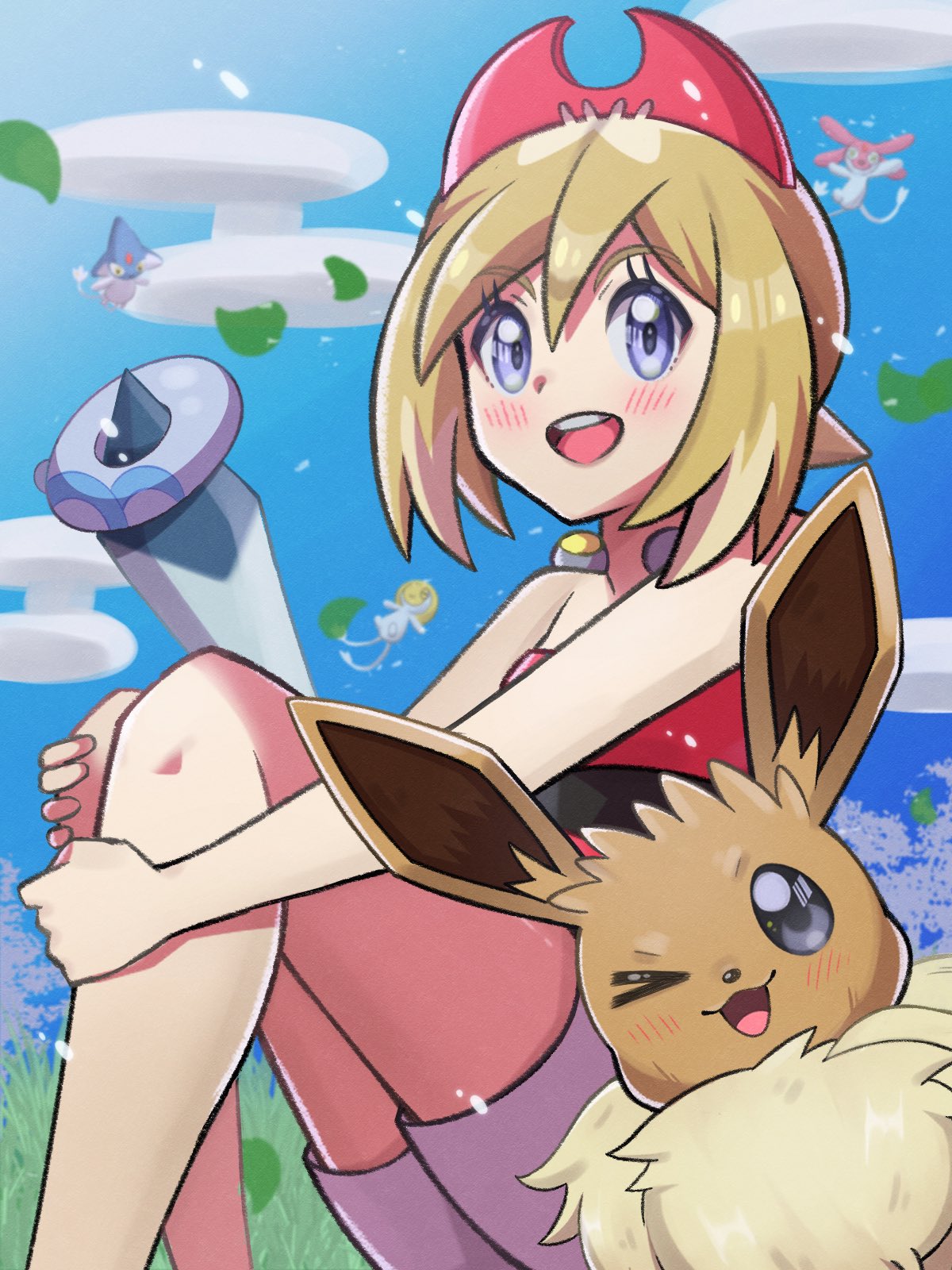 azelf bare_shoulders blonde_hair blue_eyes blush clouds day eevee glaceon highres inana_umi irida_(pokemon) leaf looking_at_viewer mesprit one_eye_closed open_mouth pokemon pokemon_(creature) pokemon_(game) pokemon_legends:_arceus sitting sky smile uxie