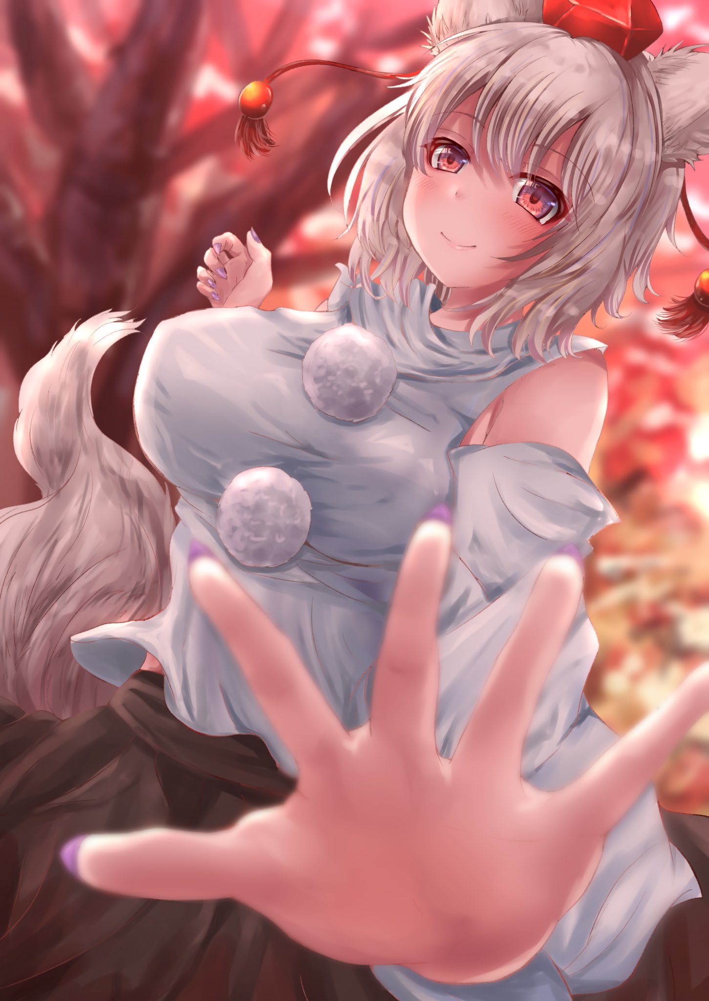 1girl animal_ears black_skirt blurry blurry_background breasts closed_mouth depth_of_field detached_sleeves fingernails guchadoro hat highres inubashiri_momiji large_breasts long_fingernails looking_at_viewer outdoors pom_pom_(clothes) purple_nails red_eyes red_headwear shirt short_hair skirt smile solo tail tokin_hat touhou tree white_hair white_shirt wolf_ears wolf_girl wolf_tail