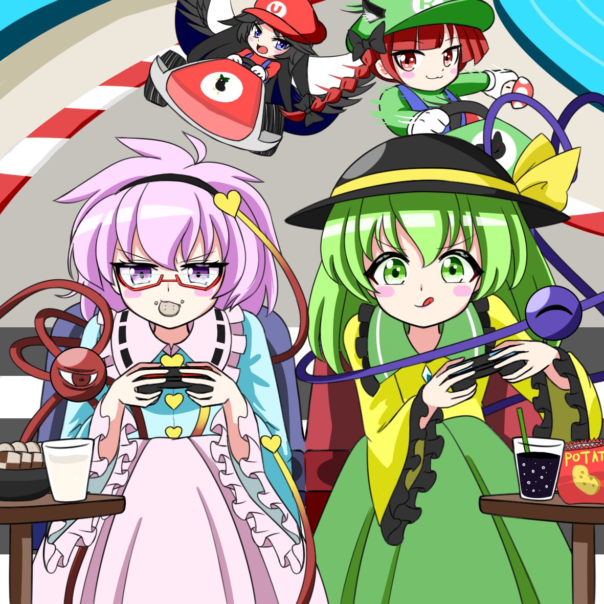 4girls animal_ears blue_shirt cat_ears cosplay extra_ears frilled_sleeves frills green_hair green_skirt hair_ornament hairband hat heart heart_hair_ornament heart_of_string kaenbyou_rin komeiji_koishi komeiji_satori luigi luigi_(cosplay) mario mario_(cosplay) mario_kart multiple_girls multiple_tails pink_hair pink_skirt reiuji_utsuho shirt skirt super_mario_bros. tail third_eye touhou wide_sleeves yellow_shirt zenji029