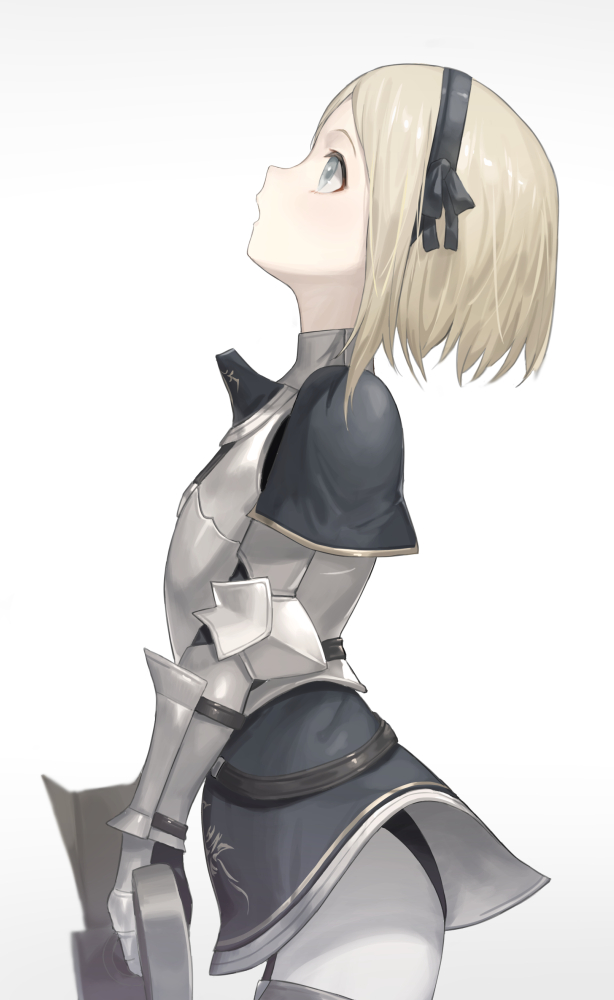 1girl armor armored_dress blonde_hair blue_eyes breastplate hairband holding holding_weapon km_yama knight looking_up open_mouth original short_hair simple_background solo standing upper_body weapon white_background