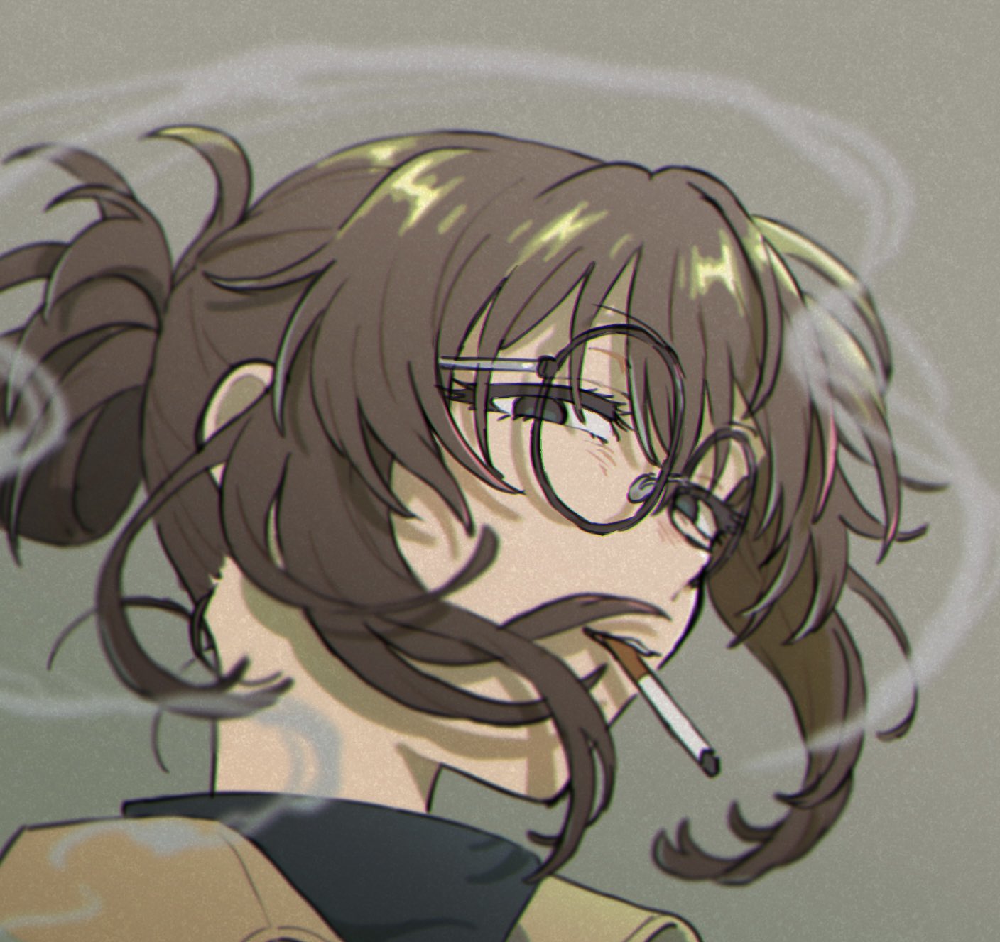 1girl bangs black_eyes black_sweater brown_hair brown_jacket cigarette commentary folded_ponytail from_below grey_background half-closed_eyes highres jacket looking_at_viewer portrait round_eyewear sidelocks smoke smoking solo sw_8a6u sweater turtleneck turtleneck_sweater uguisu_anko yofukashi_no_uta