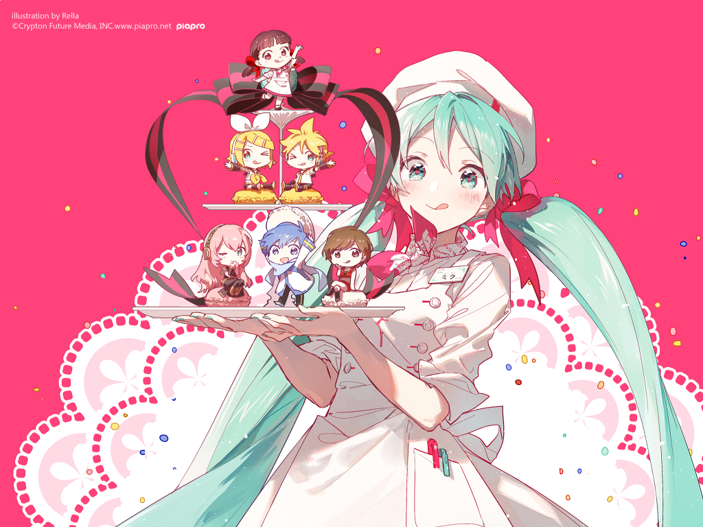 2boys 5girls apron aqua_hair food fujiya hair_between_eyes hatsune_miku kagamine_len kagamine_rin kaito_(vocaloid) low_twintails macaron megurine_luka meiko miniboy minigirl multiple_boys multiple_girls patissier peko-chan rella solo_focus tiered_tray twintails vocaloid white_apron